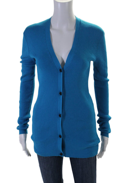 Chris Benz Womens Ribbed Button Down Cardigan Sweater Blue Cotton Size Medium