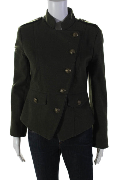 Helene Berman Womens Button Front Collarless Coat Dark Green Wool Size XS