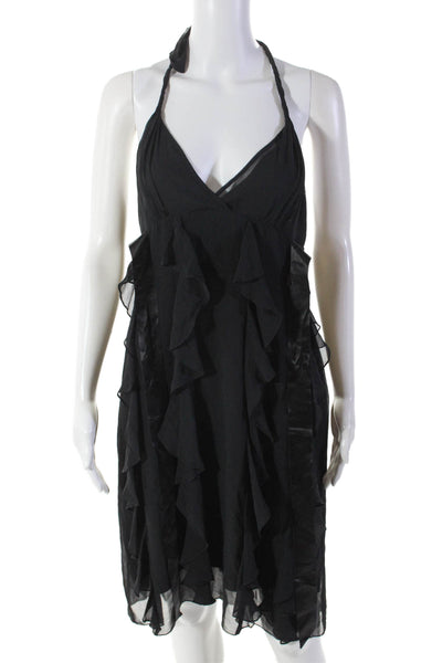 BCBG Max Azria Womens Silk Ruffled Zipped Halter Tied Midi Dress Black Size 8