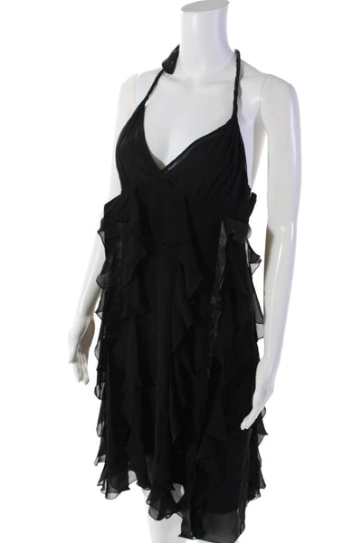 BCBG Max Azria Womens Silk Ruffled Zipped Halter Tied Midi Dress Black Size 8