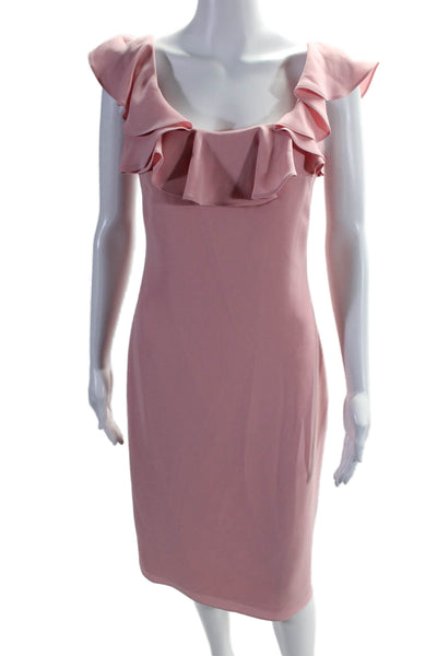 Shoshanna Womens Ruffled Square Neck Zipped Midi Sheath Dress Pink Size S