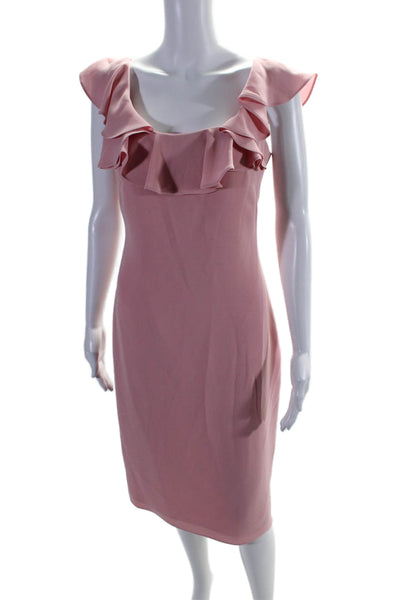 Shoshanna Womens Ruffled Square Neck Zipped Midi Sheath Dress Pink Size S