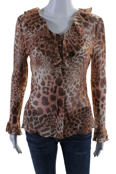 Neiman Marcus Womens Button Front Ruffled Animal Print Top Brown Silk Size 4