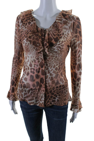 Neiman Marcus Womens Button Front Ruffled Animal Print Top Brown Silk Size 4