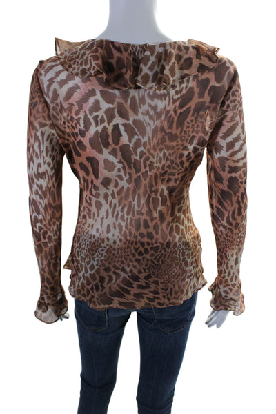 Neiman Marcus Womens Button Front Ruffled Animal Print Top Brown Silk Size 4