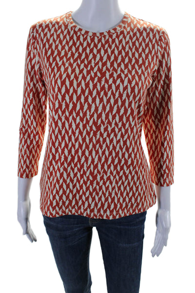 J. Mclaughlin Womens 3/4 Sleeve Crew Neck Printed Shirt Orange White Size Small