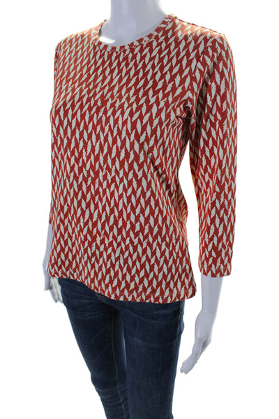 J. Mclaughlin Womens 3/4 Sleeve Crew Neck Printed Shirt Orange White Size Small