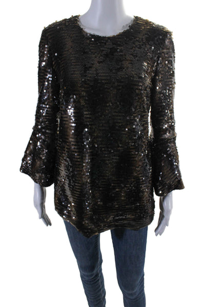 Vanessa Fox Womens 3/4 Flare Sleeve Crew Neck Sequin Top Brown Size 4