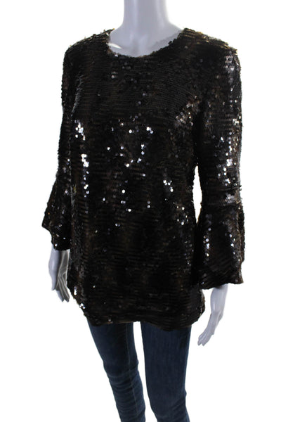 Vanessa Fox Womens 3/4 Flare Sleeve Crew Neck Sequin Top Brown Size 4