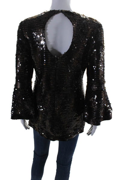 Vanessa Fox Womens 3/4 Flare Sleeve Crew Neck Sequin Top Brown Size 4