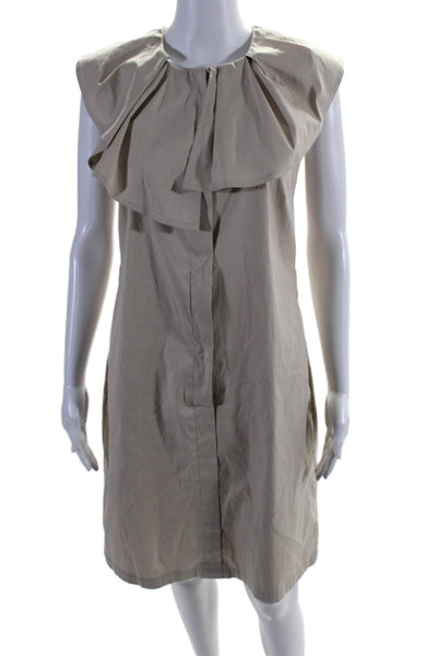 Lela Rose Womens Button Front Sleeveless Ruffled Crew Neck Dress Brown Size 4