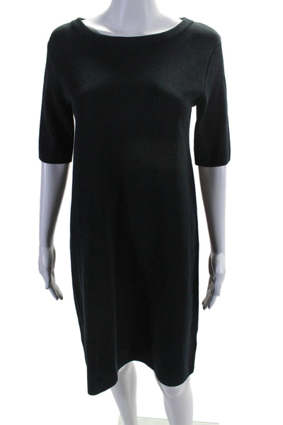 Aspesi Womens Short Sleeve Scoop Neck Knit Shift Dress Black Cotton Size EU 42