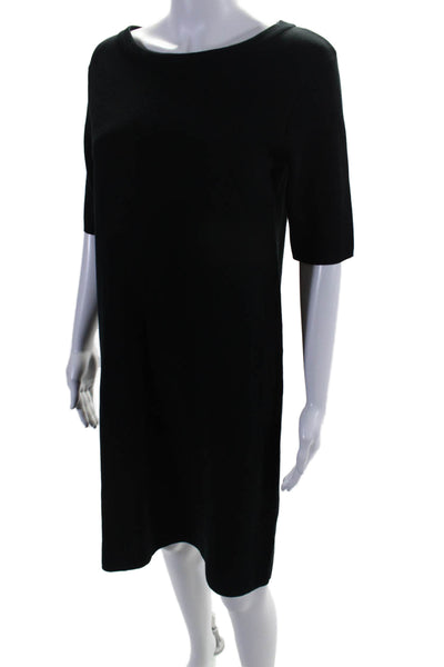 Aspesi Womens Short Sleeve Scoop Neck Knit Shift Dress Black Cotton Size EU 42