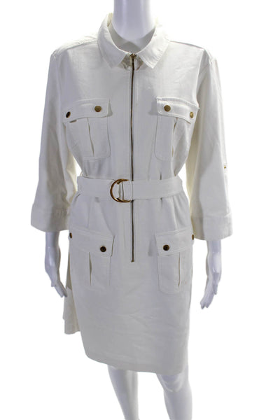 Sharagano Womens Cotton Blend Belted Collared Zip Up Cargo Dress White Size 14