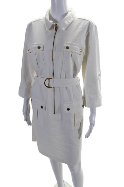 Sharagano Womens Cotton Blend Belted Collared Zip Up Cargo Dress White Size 14