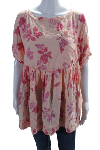 We The Free Womens Linen Floral Print Short Sleeves Blouse Pink Size Medium