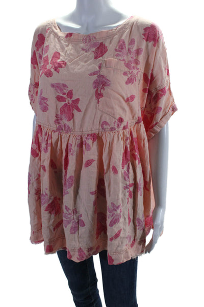 We The Free Womens Linen Floral Print Short Sleeves Blouse Pink Size Medium