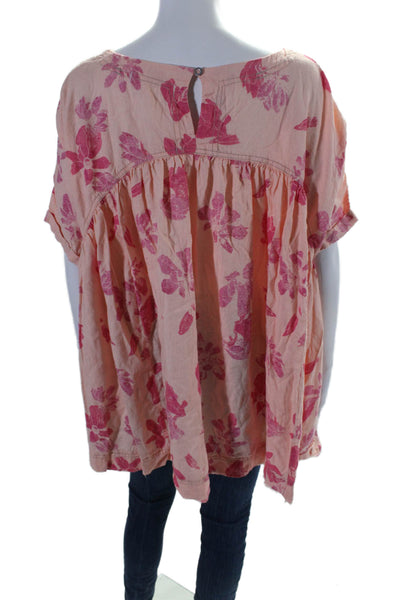 We The Free Womens Linen Floral Print Short Sleeves Blouse Pink Size Medium