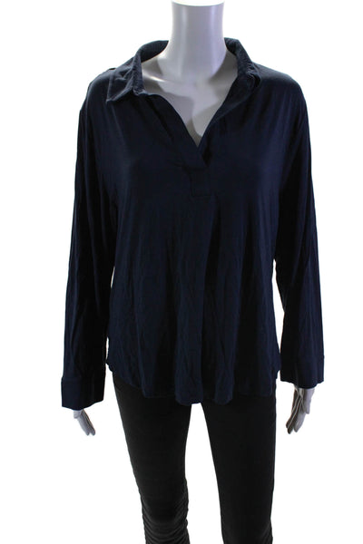 Cozy Earth Womens Long Sleeve Collared V Neck Knit Shirt Navy Blue Size Large