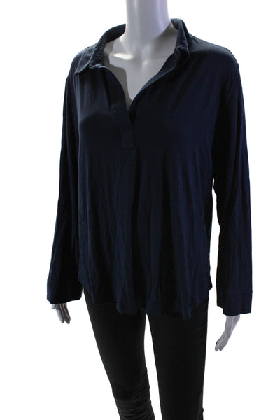 Cozy Earth Womens Long Sleeve Collared V Neck Knit Shirt Navy Blue Size Large