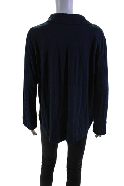 Cozy Earth Womens Long Sleeve Collared V Neck Knit Shirt Navy Blue Size Large