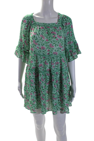 Playa Lucila Womens Floral Short Sleeve Tiered Shift Dress Green Size XS