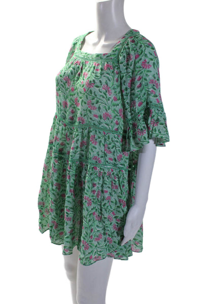 Playa Lucila Womens Floral Short Sleeve Tiered Shift Dress Green Size XS