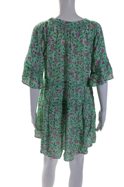 Playa Lucila Womens Floral Short Sleeve Tiered Shift Dress Green Size XS