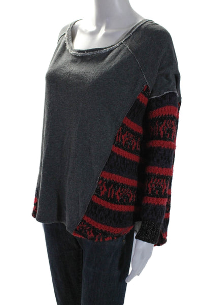 Free People Womens Striped Long Sleeve Oversized Scoop Neck Sweater Gray Red XS