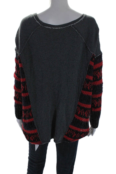 Free People Womens Striped Long Sleeve Oversized Scoop Neck Sweater Gray Red XS