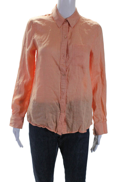 Ecru Womens Linen Orange Collar Long Sleeve Button Down Shirt Size XS