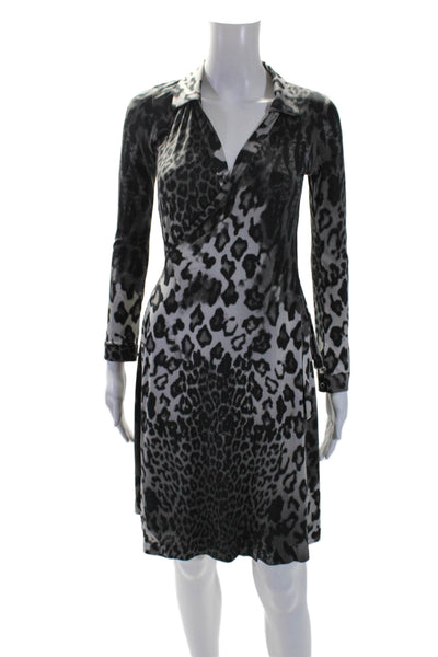 Ingenue Womens Gray Leopard Print Collar Long Sleeve Wrap Dress Size S