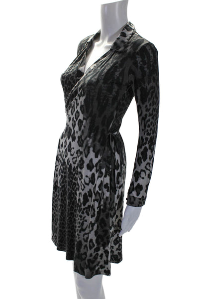 Ingenue Womens Gray Leopard Print Collar Long Sleeve Wrap Dress Size S