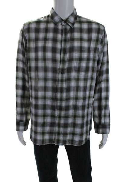 Vince Mens Cotton Long Sleeve Plaid Button Down Shirt Green Size L