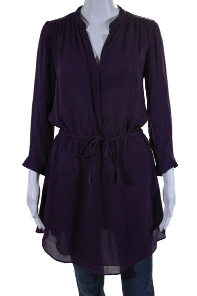 Babaton Womens Silk Ruched Long Sleeve Tie Drawstring Buttoned Top Purple Size S