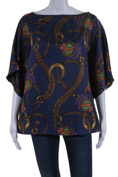 Lauren Ralph Lauren Womens Graphic Round Neck Short Sleeve Blouse Navy Size S