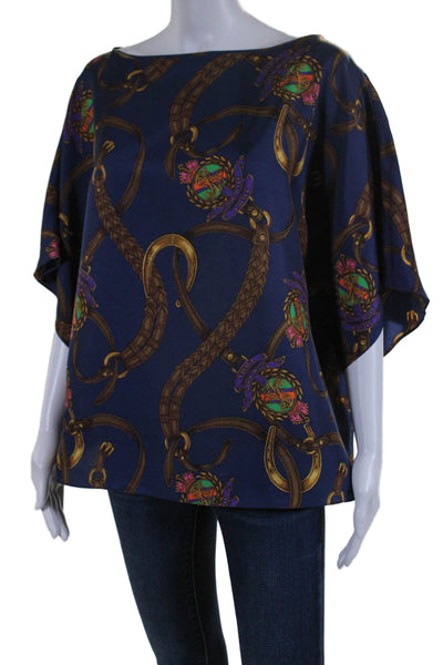 Lauren Ralph Lauren Womens Graphic Round Neck Short Sleeve Blouse Navy Size S