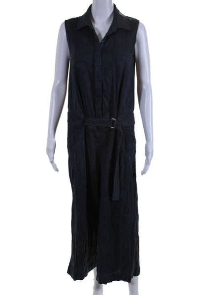 Vince Womens Linen Collared Zip Sleeveless Belted Slip-On Jumpsuit Navy Size 4