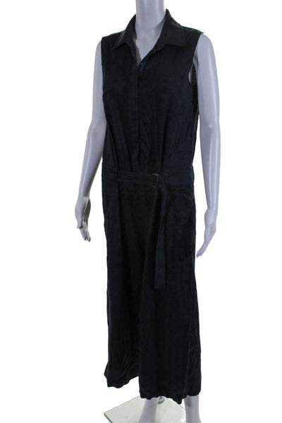 Vince Womens Linen Collared Zip Sleeveless Belted Slip-On Jumpsuit Navy Size 4