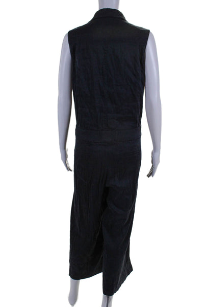 Vince Womens Linen Collared Zip Sleeveless Belted Slip-On Jumpsuit Navy Size 4