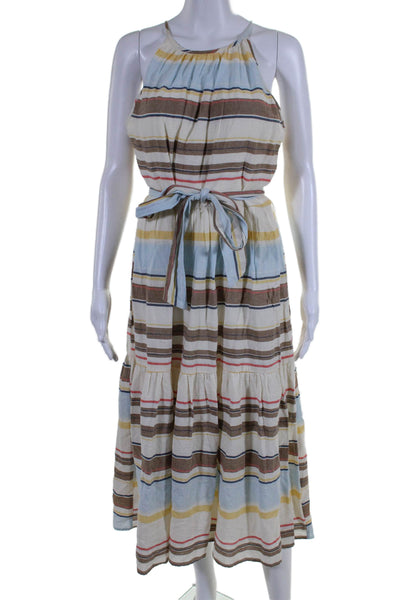 DKNY Womens Cotton Striped Print Zipped Belted Tiered Maxi Dress Brown Size 8