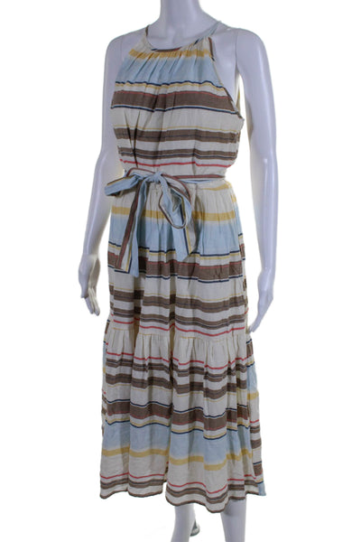 DKNY Womens Cotton Striped Print Zipped Belted Tiered Maxi Dress Brown Size 8