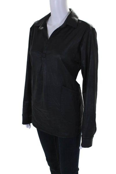 Rachel Zoe Womens Faux Leather Long Sleeve Collared Tunic Top Black Size M