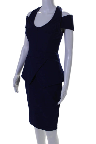 Yigal Azrouel Womens Scoop Neck Cold Shoulder Peplum Zipped Dress Blue Size 2