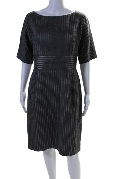 Charles Nolan Womens Cotton Striped Print Round Neck Pleated Dress Gray Size 10