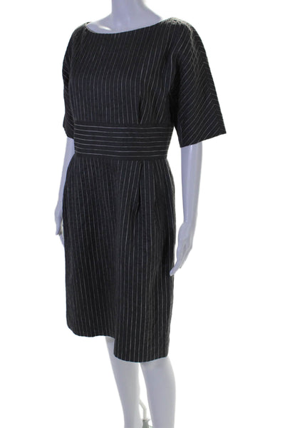 Charles Nolan Womens Cotton Striped Print Round Neck Pleated Dress Gray Size 10