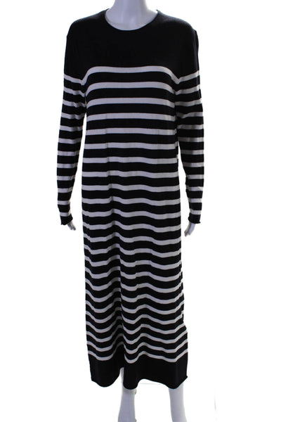 Zara Womens Long Sleeve Crew Neck Striped Midi Dress White Navy Size Large