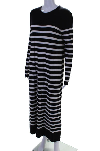 Zara Womens Long Sleeve Crew Neck Striped Midi Dress White Navy Size Large