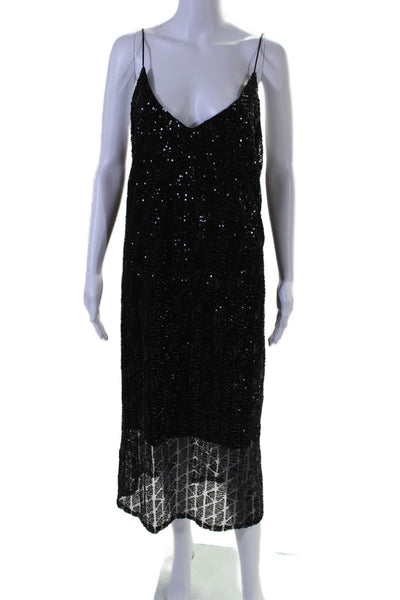 Zara Womens Spaghetti Strap V Neck Sequin Knit Midi Dress Black Size Large