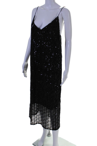 Zara Womens Spaghetti Strap V Neck Sequin Knit Midi Dress Black Size Large